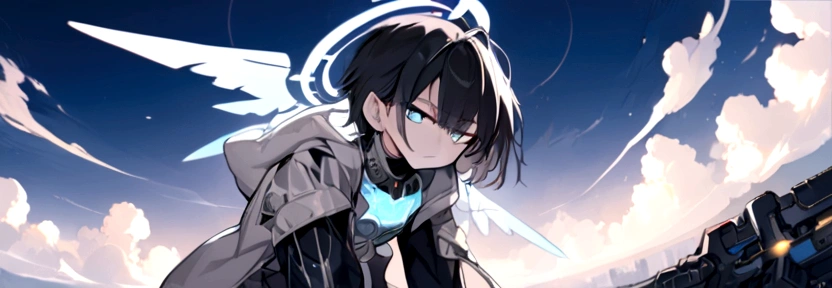 ((anime Illustrator)),best quality , highly detailed,(Full body illustration),detailed cool face,1 , cyber punk silver costume, shiny skin,(blue glowing eyes),short black hair , shota ,mechanical wing ,steam punk wing, console-like angel HALO ,  boy,  grim face, steam punk, 1boy, full-armered