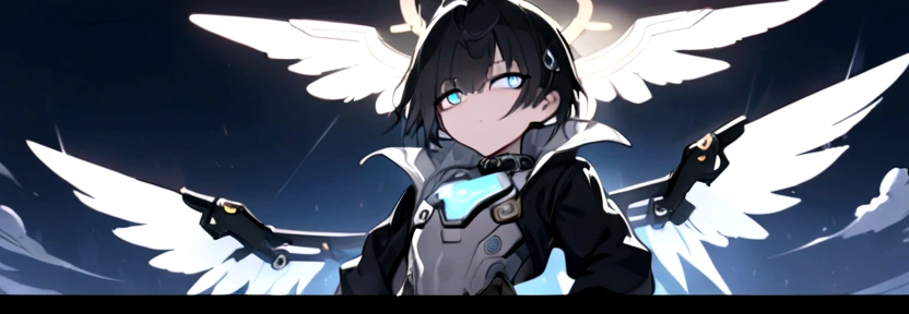 ((anime Illustrator)),best quality , highly detailed,(Full body illustration),detailed cool face,1 , cyber punk silver costume, shiny skin,(blue glowing eyes),short black hair , shota ,mechanical wing ,steam punk wing, console-like angel HALO ,  boy,  grim face, steam punk, 1boy, full-armered