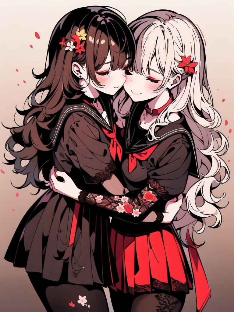 ((YURI)), Multiple Girls, (((2Girls))), (Brown Hair Gril, Short Hair), (Blonde Hair Girl, Wavy Hair), (((Two Friendly Girls:1.2))), ((Hug)), (Kiss:0.7), (((Half Closed Eyes))), BREAK; 
(MakeUp, Red Eyeliner), (Seductive Smile), (School Uniform, Sailor Suit, Black Collar, Black Shirts, Short Sleeve, Red Neckerchief, School, Black Skirt), (Brown Lace Pantyhose, Lace:1.5), Thighs:1.1, (Brown Loafers), Slender Body, ((Small Breasts:1.4)), Red Nails, Perfect Face, 
BREAK; 
(8K, Best Quality, Ultra Detailliert, Highres, Absurdres, Perfect Anatomy, Masterpiece), Strong Outline, Five Fingers, (Blush), ((Posed Photo:1.3)), ((Wide-Angle Photo:1.3)), Dutch Angle, ((White BackGround, Floral Print:1.5, Flower BackGround:1.3, Floral BackGround:1.3)),