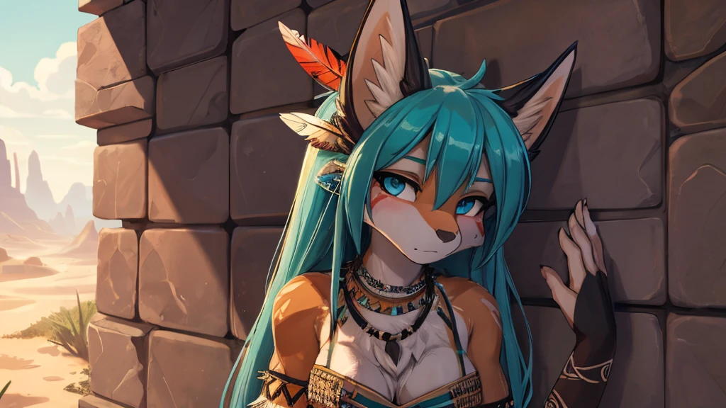 Miku Hatsune,Arabic, tanned skin, High Definition, kitsune ears, tribal tattoo, tribal body painting, censured body painting High Definition, rostro en High Definition detallado 4k, highly detailed irises