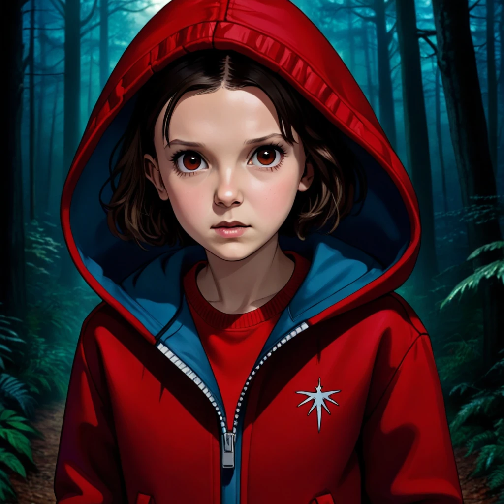 front view, milli3 woman, Millie Bobby Brown, mbb, wearing a red jacket and a hood in a dark forrest, horror style, stranger things, netflix, (( millie bobby brown )) , eleven