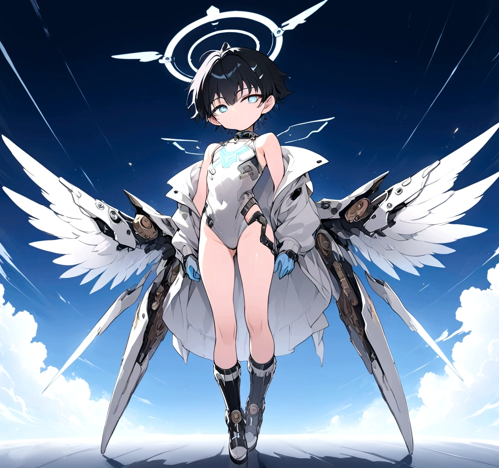 ((anime Illustrator)),best quality , highly detailed,(Full body illustration),detailed cool face,1 **********, cyber punk silver costume, shiny skin,(blue glowing eyes),short black hair , shota ,mechanical wing ,steam punk wing, console-like angel HALO ,  boy,  grim face, steam punk, 1boy, full-armered