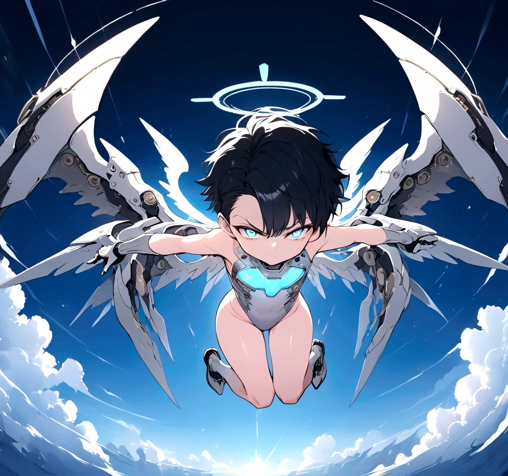 ((anime Illustrator)),best quality , highly detailed,(Full body illustration),detailed cool face,1 **********, cyber punk silver costume, shiny skin,(blue glowing eyes),short black hair , shota ,mechanical wing ,steam punk wing, console-like angel HALO ,  boy,  grim face, steam punk, 1boy, full-armered