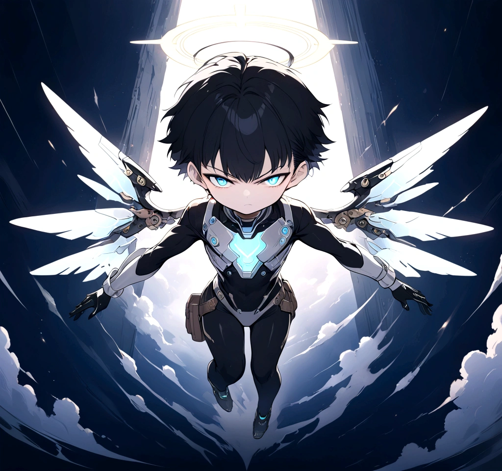 ((anime Illustrator)),best quality , highly detailed,(Full body illustration),detailed cool face,1 , cyber punk silver costume, shiny skin,(blue glowing eyes),short black hair , shota ,mechanical wing ,steam punk wing, console-like angel HALO ,  boy,  grim face, steam punk, 1boy, full-armered