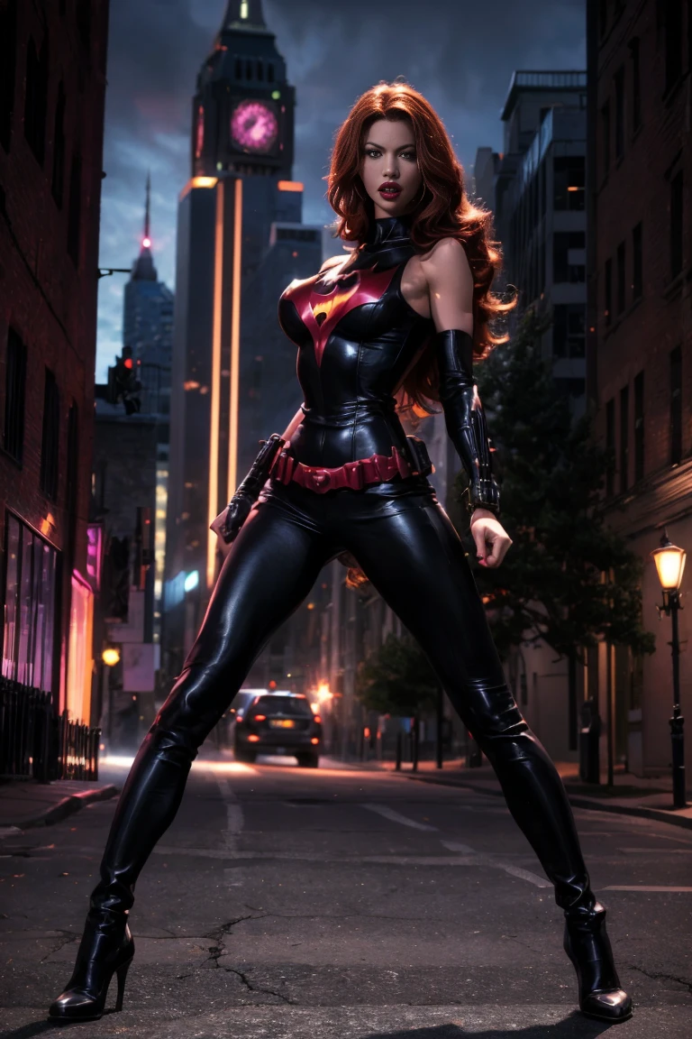 full body superheroine 14 years old Batgirl red long wavy hair green eyes red mouth tall slender graceful body big round breasts broad shoulders black metallic shiny tight leather pants, black metallic shiny short plunging sleeveless tops blue boots dress hero pose even a terrifying night in a pose Gotham dark city street, a semi-dark plume of light octane render photorealistic 