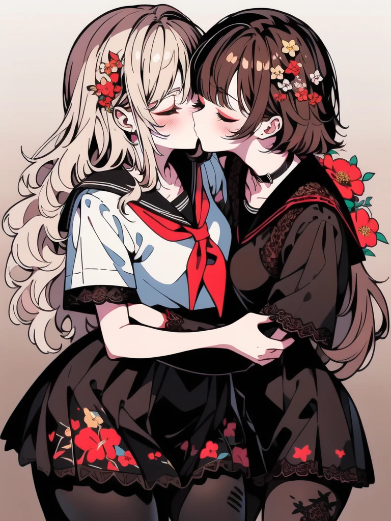 ((YURI)), Multiple Girls, (((2Girls))), (Brown Hair Gril, Short Hair), (Blonde Hair Girl, Wavy Hair), (((Two Friendly Girls:1.2))), ((Hug)), (Kiss), (((Half Closed Eyes))), BREAK; 
(MakeUp, Red Eyeliner), (Seductive Smile), (School Uniform, Sailor Suit, Black Collar, Black Shirts, Short Sleeve, Red Neckerchief, School, Black Skirt), (Brown Lace Pantyhose, Lace:1.5), Thighs:1.1, (Brown Loafers), Slender Body, ((Small Breasts:1.4)), Red Nails, Perfect Face, 
BREAK; 
(8K, Best Quality, Ultra Detailliert, Highres, Absurdres, Perfect Anatomy, Masterpiece), Strong Outline, Five Fingers, (Blush), ((Posed Photo:1.3)), ((Wide-Angle Photo:1.3)), Dutch Angle, ((White BackGround, Floral Print:1.5, Flower BackGround:1.3, Floral BackGround:1.3)),