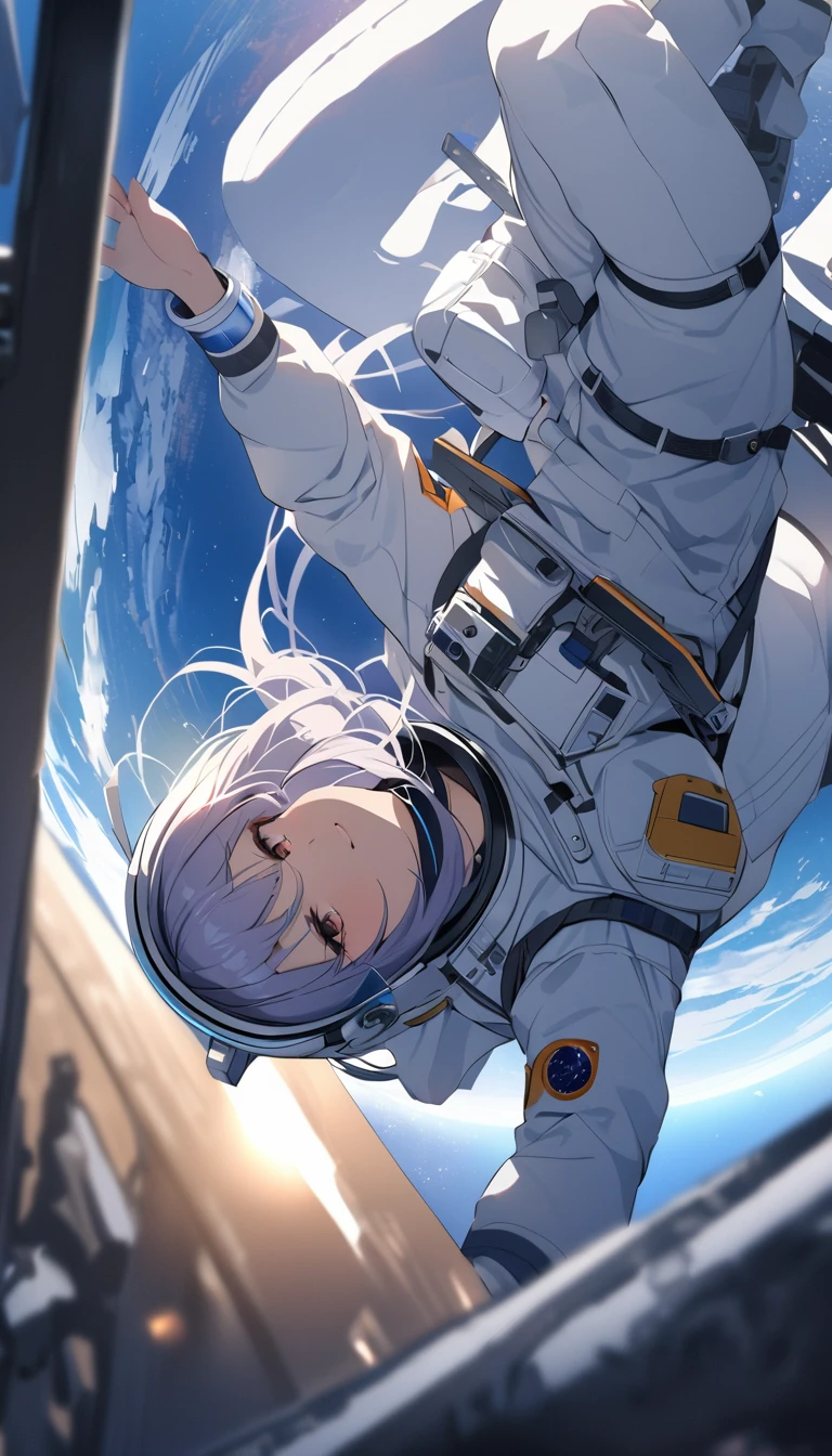 Highest quality、masterpiece、High resolution、RAW Photos、BREAK、Perfect Anatomy、One Girl、Skin-tight astronaut suits、２０talent、Zero Gravity Swimming、Space Station、Experimental building、Complex Instrumentation、Detailed depiction、近未来のSpace Station、BREAK、Earth seen from the window、Beautiful Earth、Blue Earth、