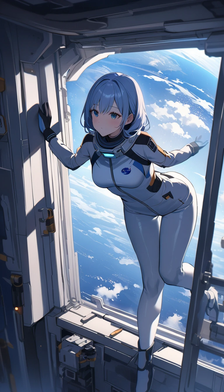 Highest quality、masterpiece、High resolution、RAW Photos、BREAK、Perfect Anatomy、One Girl、Skin-tight astronaut suits、２０talent、Zero Gravity Swimming、Space Station、Experimental building、Complex Instrumentation、Detailed depiction、近未来のSpace Station、BREAK、Earth seen from the window、Beautiful Earth、Blue Earth、