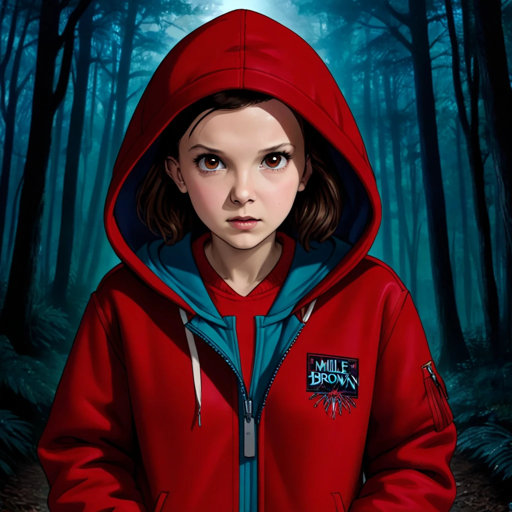 front view, milli3 woman, Millie Bobby Brown, mbb, wearing a red jacket and a hood in a dark forrest, horror style, stranger things, netflix, (( millie bobby brown )) , eleven