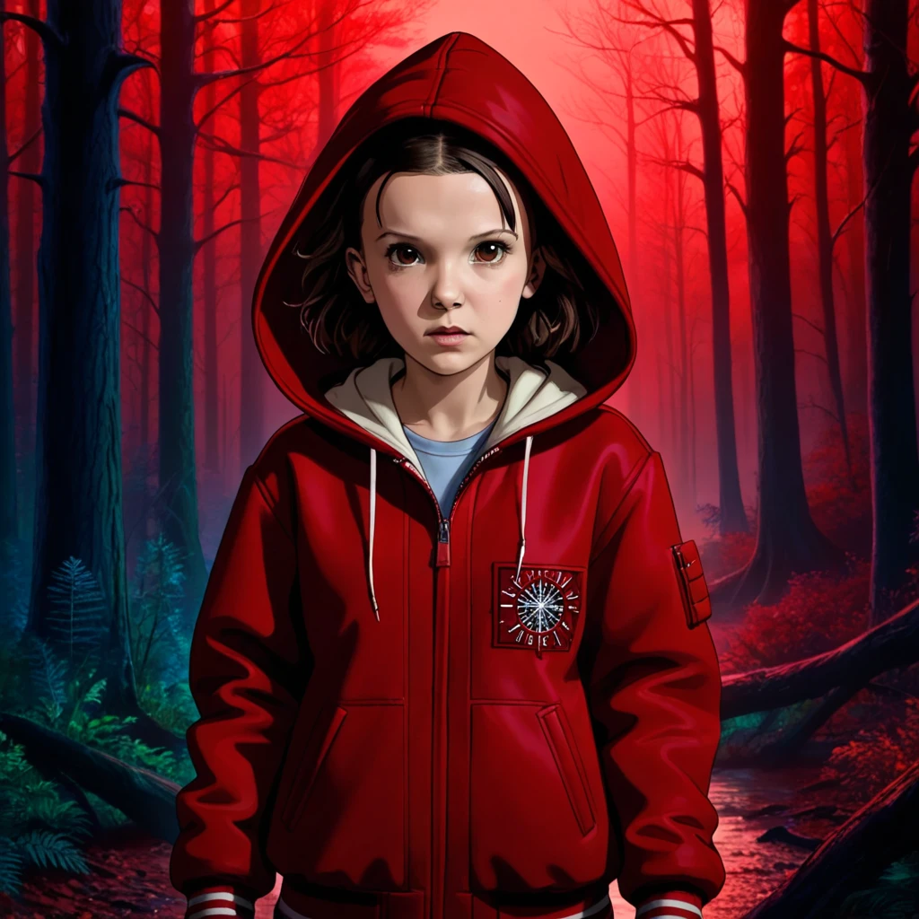 front view, milli3 woman, Millie Bobby Brown, mbb, wearing a red jacket and a hood in a dark forrest, horror style, stranger things, netflix, (( millie bobby brown )) , eleven