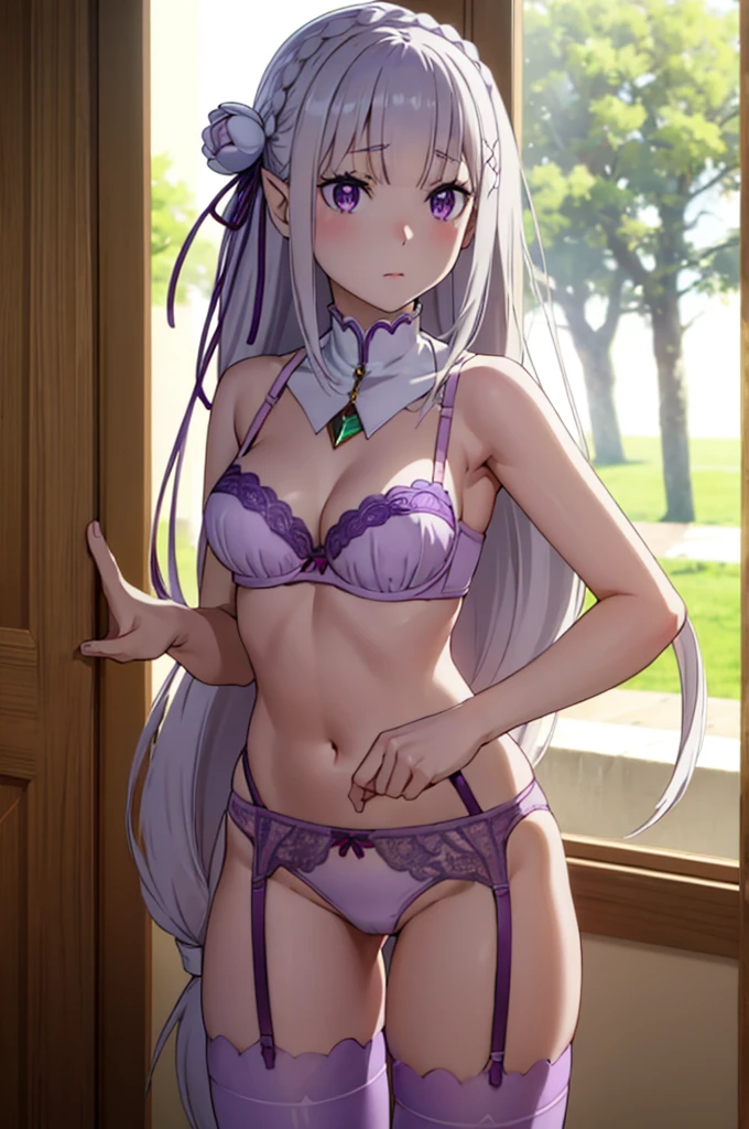 (masterpiece:1.3), (best quality:1.2), (8k, ultra detailed, ultra high res:1.1), (anime style:1.2), (perfect 5 fingers, perfect anatomy1.2), nsfw, collarbone, 
1girl,
long hair, low-tied long hair, braid, crown braid, 
white hair, 
(purple eyes:1.2), 
(pointy ears:0.7), 
medium breasts,  
BREAK pink lingerie, lace-trimmed bra, (garter belt:1.3), thighhighs, cleavage, side-tie panties, (special occasion thong panties:1.3) , seductive pose, 
looking at viewer, 
cowboy shot, 
perfect light, indoor, 