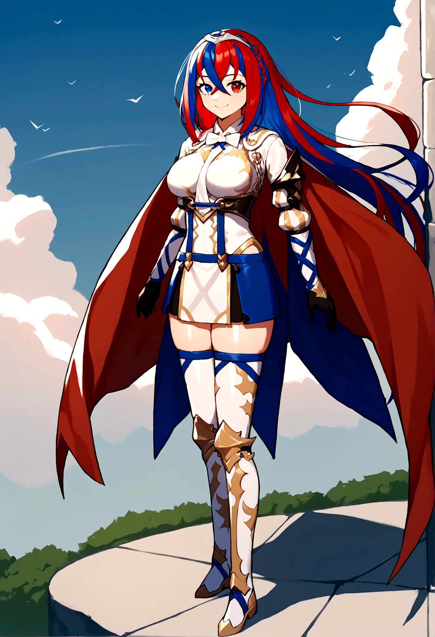 score_9, score_8_up, score_8_up, source_anime BREAK 1girl, solo, aleardef, heterochromia, blue eyes, red eyes, multicolored hair, red hair, blue hair, very long hair, braid, crossed bangs, very long hair, tiara, bowtie, armor, suspenders, blue skirt, thighhighs, gloves, thighhighs, cape, large breasts, smile, outdoors, fantasy, looking at viewer, full body, zettai ryouiki