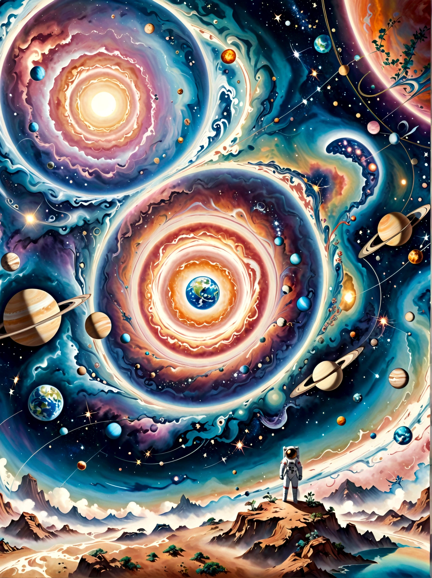 Imagine a surreal perspective of space exploration. There's an astronaut on an abstract shaped planet with swirling colors of cosmic nebulas in the backdrop. A closer look reveals strange flora and fauna, resembling but not quite matching Earth's. The astronaut is tethered to a whimsically curved spacecraft that seems to defy the physics we know. Rings of planets and orbs of sparkling astral dust form asymmetrical patterns across the sky. This visualization is heavily influenced by the abstract and dreamlike qualities seen in the Surrealism movement of the late 19th and early 20th century.