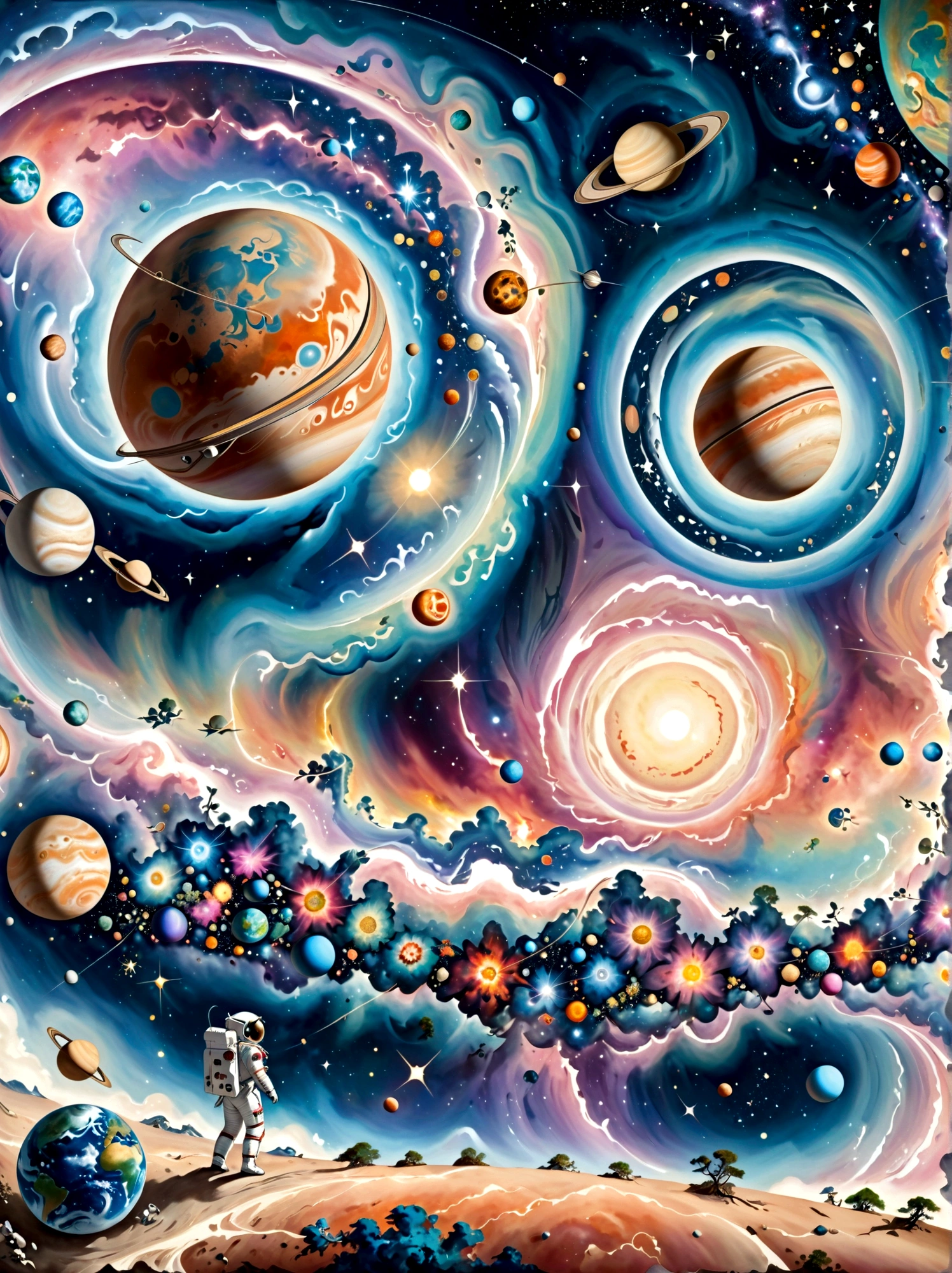 Imagine a surreal perspective of space exploration. There's an astronaut on an abstract shaped planet with swirling colors of cosmic nebulas in the backdrop. A closer look reveals strange flora and fauna, resembling but not quite matching Earth's. The astronaut is tethered to a whimsically curved spacecraft that seems to defy the physics we know. Rings of planets and orbs of sparkling astral dust form asymmetrical patterns across the sky. This visualization is heavily influenced by the abstract and dreamlike qualities seen in the Surrealism movement of the late 19th and early 20th century.