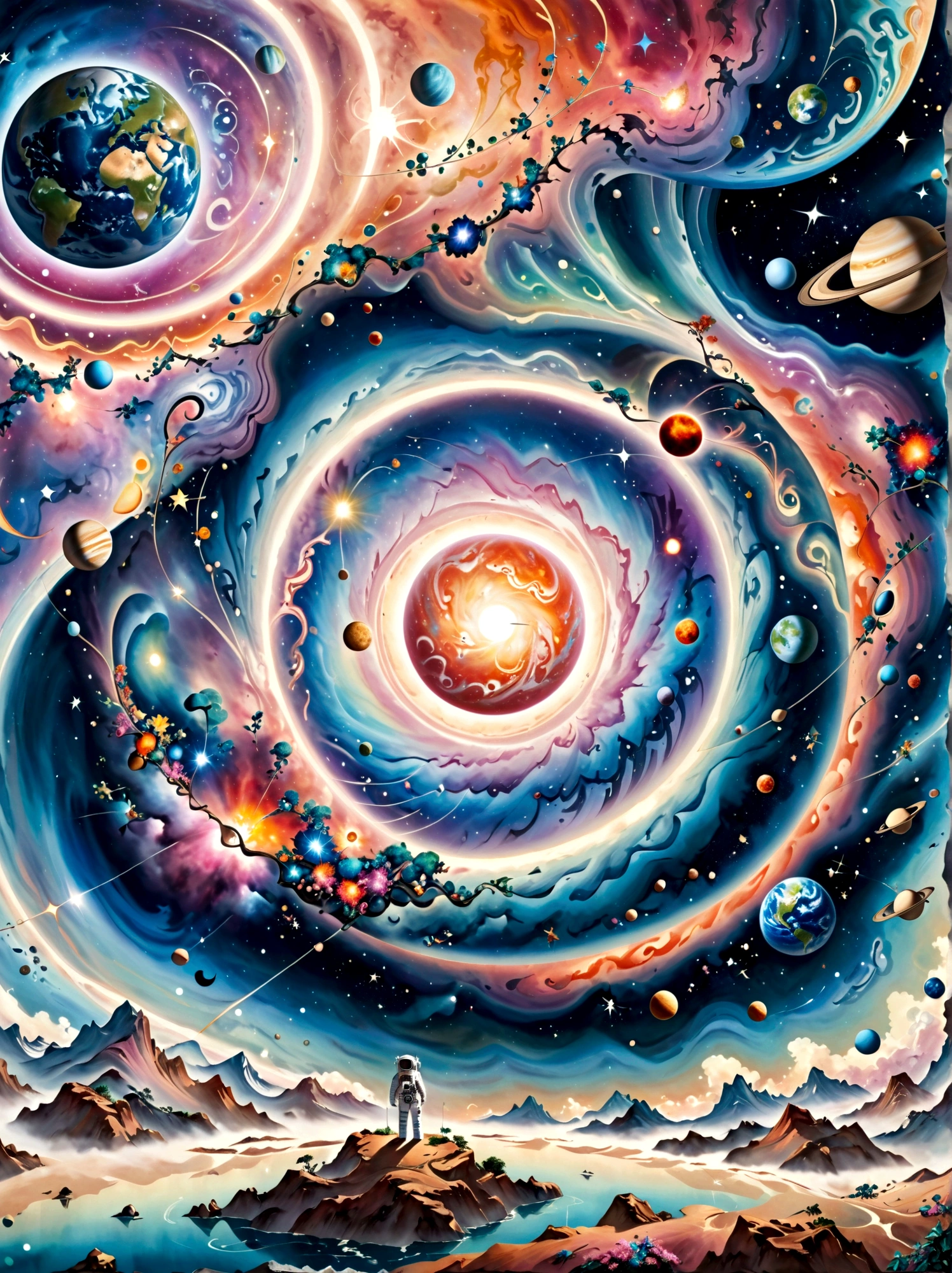 Imagine a surreal perspective of space exploration. There's an astronaut on an abstract shaped planet with swirling colors of cosmic nebulas in the backdrop. A closer look reveals strange flora and fauna, resembling but not quite matching Earth's. The astronaut is tethered to a whimsically curved spacecraft that seems to defy the physics we know. Rings of planets and orbs of sparkling astral dust form asymmetrical patterns across the sky. This visualization is heavily influenced by the abstract and dreamlike qualities seen in the Surrealism movement of the late 19th and early 20th century.