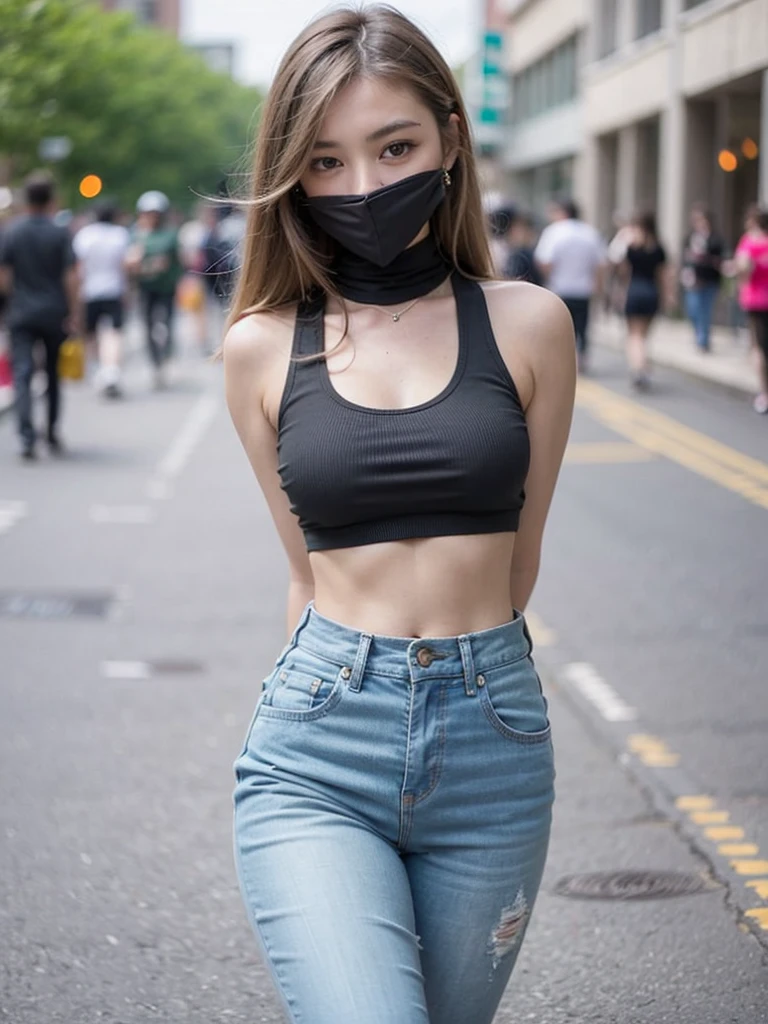Telephoto,full bodyesbian,Night view,(full bodyesbian:1.3),Smiling,(Walking on the street:1.3),No man's street,fully body photo,Wear flip-flops, Streets at night,(cat ear:1.3),depth of fields,Wide,Detailed background,white tank_Top, (Extra-short denim shorts:1.5),Long legs,ssmile,Detailed eyes,depth of fields,Wide,Long legs,(8K, RAW photos, best qualtiy, tmasterpiece:1.2), 1girll, Asians, long whitr hair,,huge tit, boobgasm, (black facemask:1.5), (Long black hair),Slender legs,Long legs, Huge_Breasts,Bumpy figure, Realistis, 独奏,shiny skins,Beautiful and delicate face,美丽detailed eyes,(realisticlying,photograph realistic:1),