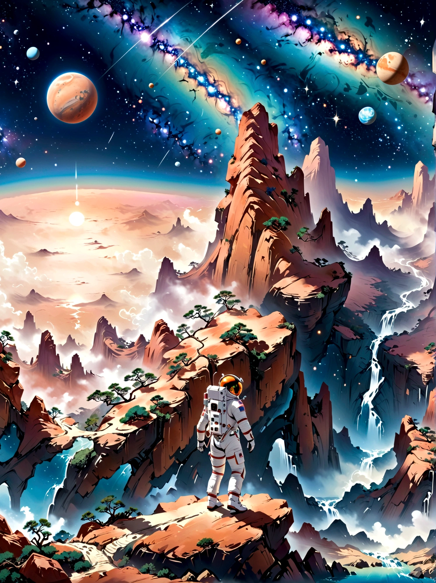 Super Fine，Chinese ink painting style，Chinese Fantasy Landscape，(Distant planetary sky，一个穿着未来尖端技术制成的蓝色Space suit，Martian climbing cliff close-up:1.8)，Ringed planet floating in the sky，illustration，Bright shining stars，Stunning galactic background，Mysterious and peaceful feeling，Magical atmosphere，Happy and peaceful scene，Surreal and ethereal colors，texture landscape，otherworldly environment，Magnificent views，Hazy and mysterious atmosphere，Dramatic light and shadow，Unique rock formations，A thrilling sense of adventure，Amazing natural wonders，Grandeur and sense of scale，Explore endless possibilities，Space suit，(中国高科技Space suit，高细节Space suit，China&#39;s next generation of astronauts:1.5）