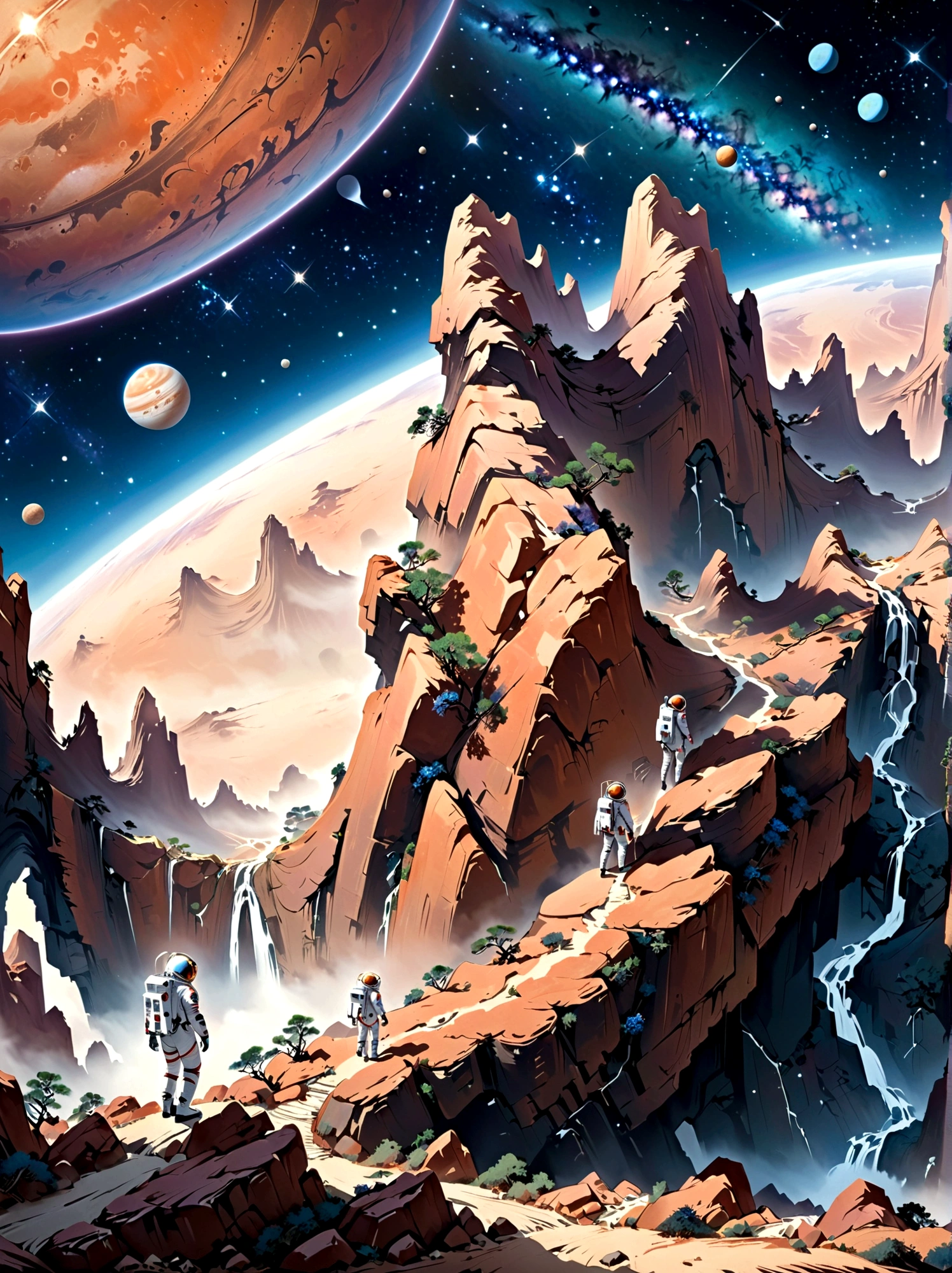 Super Fine，Chinese ink painting style，Chinese Fantasy Landscape，(Distant planetary sky，一个穿着未来尖端技术制成的蓝色Space suit，Martian climbing cliff close-up:1.8)，Ringed planet floating in the sky，illustration，Bright shining stars，Stunning galactic background，Mysterious and peaceful feeling，Magical atmosphere，Happy and peaceful scene，Surreal and ethereal colors，texture landscape，otherworldly environment，Magnificent views，Hazy and mysterious atmosphere，Dramatic light and shadow，Unique rock formations，A thrilling sense of adventure，Amazing natural wonders，Grandeur and sense of scale，Explore endless possibilities，Space suit，(中国高科技Space suit，高细节Space suit，China&#39;s next generation of astronauts:1.5）