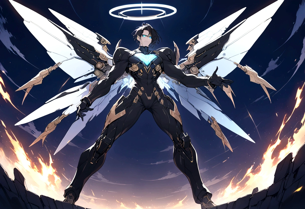 ((anime Illustrator)),best quality , highly detailed,(Full body illustration),detailed cool face,1 , cyber punk costume, shiny skin,(blue glowing eyes),short black hair , shota ,mechanical wing ,steam punk wing, console-like angel HALO ,  boy,  grim face, steam punk, ((moonlight)),flaming angle, 1boy, Mecha