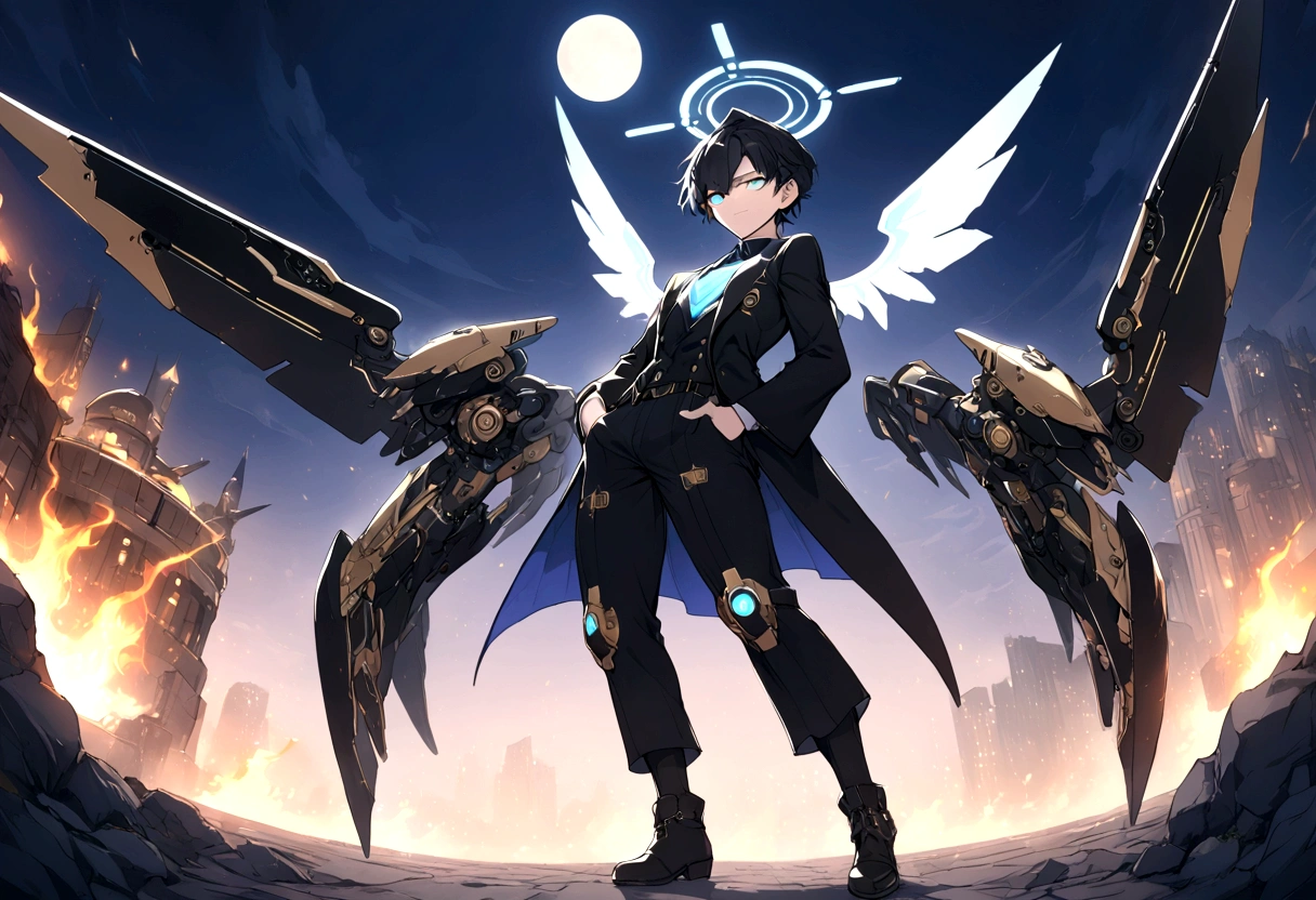 ((anime Illustrator)),best quality , highly detailed,(Full body illustration),detailed cool face,1 little boy, cyber punk costume, shiny skin,(blue glowing eyes),short black hair , shota ,mechanical wing ,steam punk wing, console-like angel HALO ,  boy,  grim face, steam punk, ((moonlight)),flaming angle, 1boy, Mecha