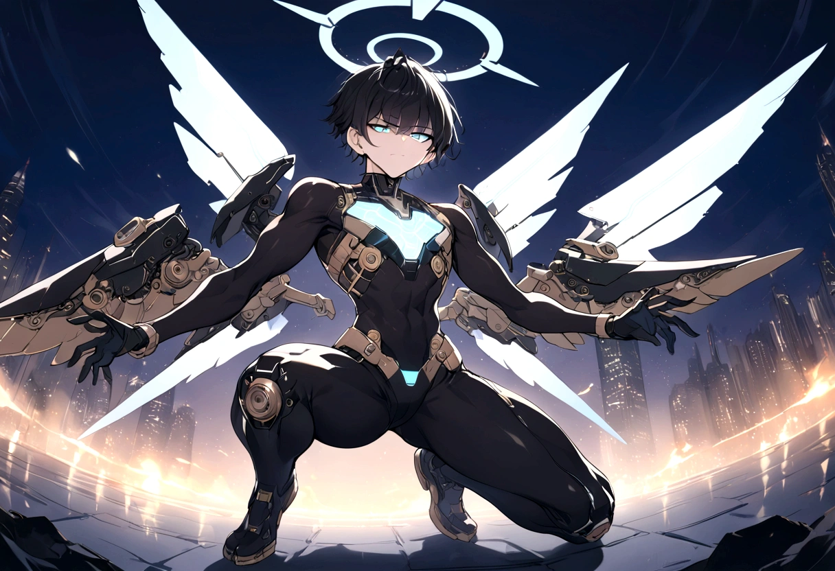 ((anime Illustrator)),best quality , highly detailed,(Full body illustration),detailed cool face,1 little boy, cyber punk costume, shiny skin,(blue glowing eyes),short black hair , shota ,mechanical wing ,steam punk wing, console-like angel HALO ,  boy,  grim face, steam punk, ((moonlight)),flaming angle, 1boy, Mecha