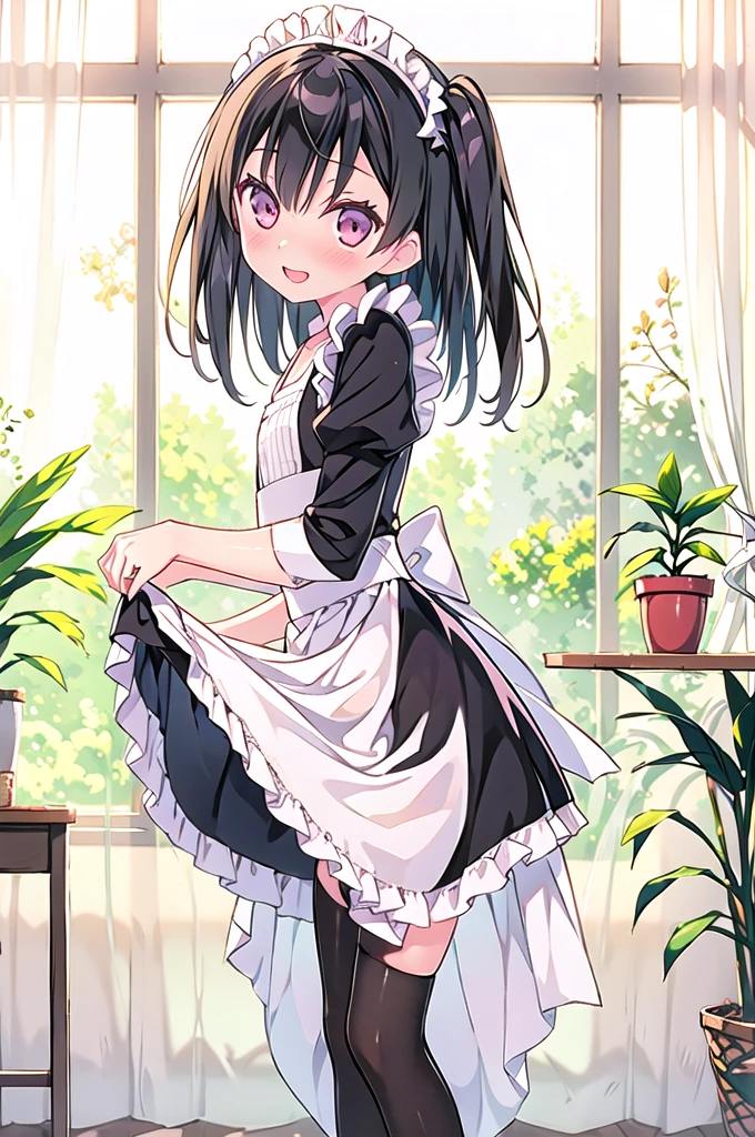 (in kantoku style,illustration,masterpiece,highest quality,Ultra-high resolution,Highly detailed 8k wallpaper,Super detailed,Very condensed one girl,Delicate and beautiful features,Beautiful fine details,Beautiful lighting),View Viewer,from the front,standing in livingroom,curtsey,pigeon toed,(long sleeve maid,long skirt,black pantyhose,frilled maid),Shyness,happy,open mouth,nervous smile,13 years old,slender,middle hair, little two side up,flat chest,shiny hair,Fair skin,Straight black hair