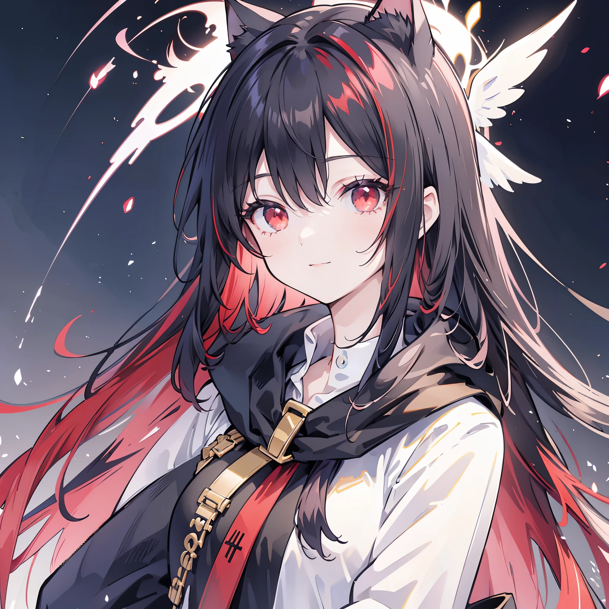(((Fantasy Black Hair Dye the inside of your hair red Long Hair Dull red eyes Cat ear Beastman Pad))) ((I have a crystal uniform Put on a coat without putting your arms through it Wings many times larger than mine Center close-up)) ((Smile gloves)) (Light star) Catch the wind Shining Background Lightの粒子, rainbow colored edges