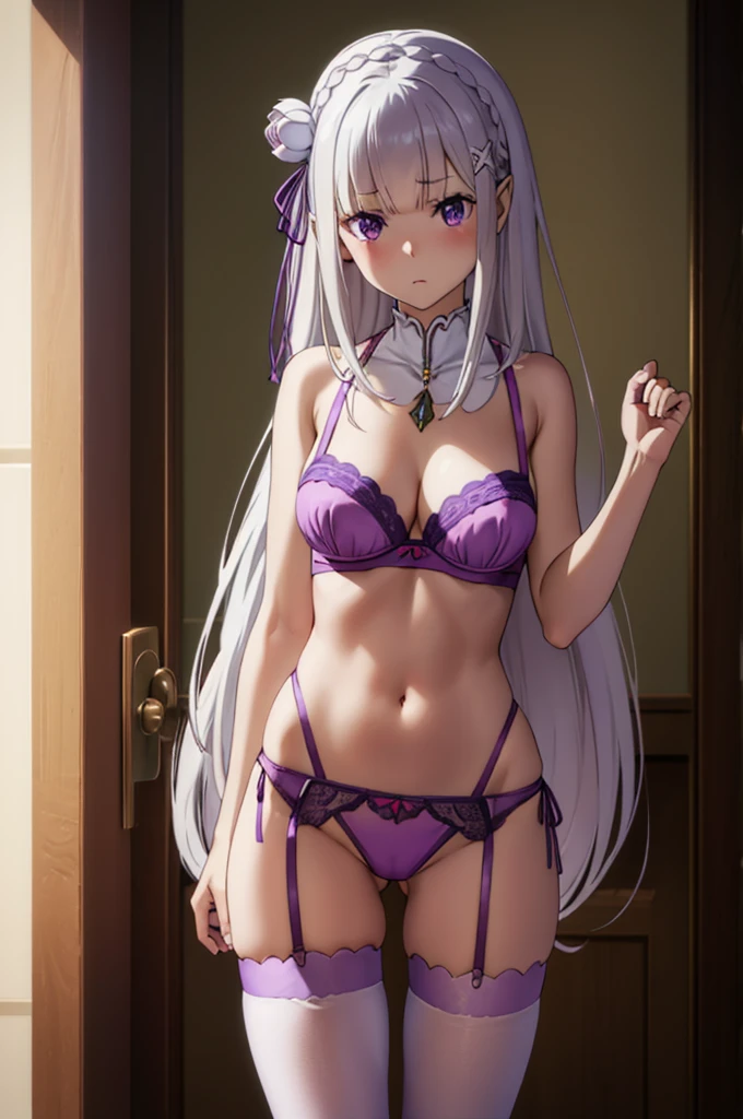 (masterpiece:1.3), (best quality:1.2), (8k, ultra detailed, ultra high res:1.1), (anime style:1.2), (perfect 5 fingers, perfect anatomy1.2), nsfw, collarbone, no collar blouse,
1girl,
long hair, low-tied long hair, braid, crown braid, 
white hair, 
(purple eyes:1.2), 
(pointy ears:0.7), 
medium breasts,  
BREAK pink lingerie, lace-trimmed bra, (garter belt:1.3), thighhighs, cleavage, side-tie panties, (special occasion thong panties:1.3) , seductive pose, 
looking at viewer, 
cowboy shot, 
perfect light, indoor, 