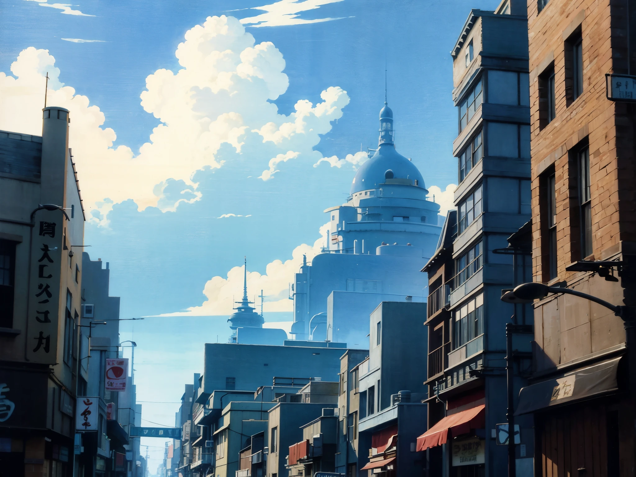 from studio ghibli movie, city street, street view, clouds on blue sky, designed by Hayao Miyazaki, retro anime