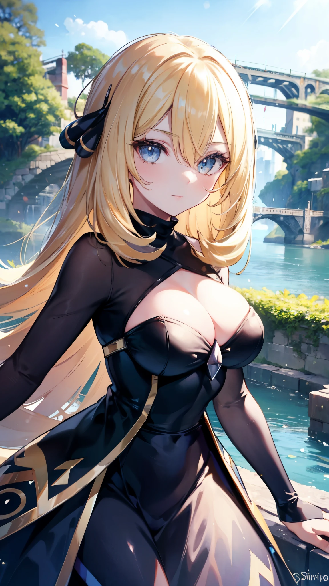 (masterpiece, best quality), 1girl, Cynthia, Cynthia (pokemon), long yellow hair, hair over eyes, sparkling eyes, symmetric face, (beautiful round breasts:1.3), black dress, rich woman attire, vulptous body, mature woman, pov from front, looking at the viewer, slight smile, dynamic pose, sharp gaze, bokeh, HD, 4K, 8K, ultra-detailed, bokeh, river bridge background, blue sky, greenery, natural lighting, cowboy_shot, detailed eyes, detailed face