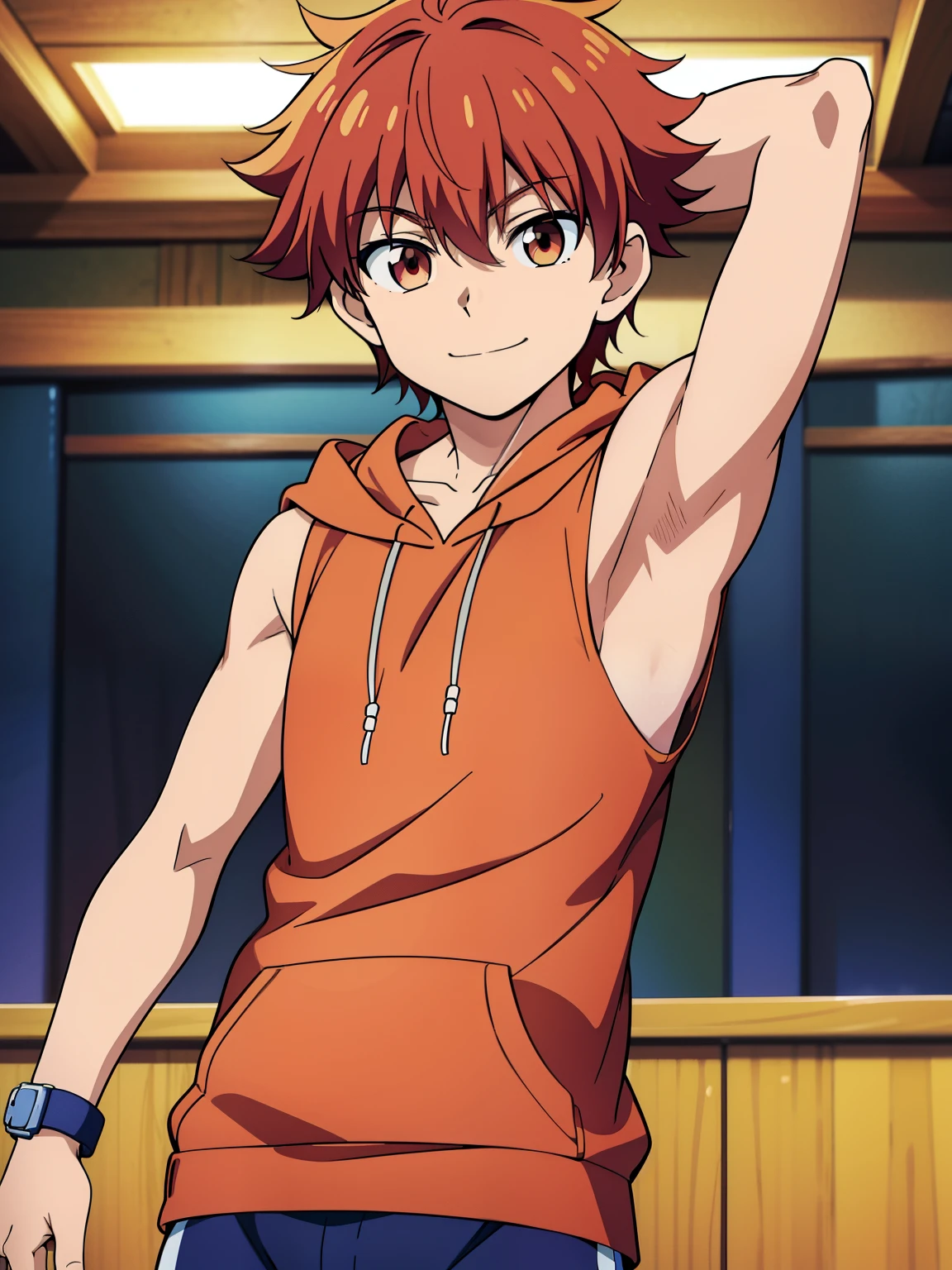 Highres, Masterpiece, Best quality at best,Best Quality,hight quality, hight detailed, Anime style, 1boy, Shota, young boy, Solo person, red hair, smile, (Sleeveless hoodie), Bare shoulder, Seen from the front, look at viewer, upper body, (very young boy), (very small and short body), (Showing armpit:1.3), Such a cute smooth armpit, The armpits of a  boy, Adorable little armpits, Give me a proportional picture of a 12 year oldits, 12-year-old boys, uhd,lureckgrd
