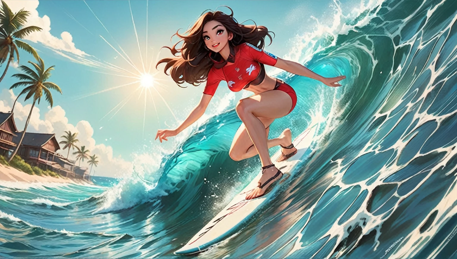 LONG Dark Brown haired girl in red bikini, BROWN EYES, Long dark brown hair, SURFING ON TOP OF HER SURFBOARD THE SEA, JAPANESE ASIAN ASIAN LATINA, hyper exposed bikini, hyper super -bronze- -tanned- skin, a neo anime drawing by Yang J, Pisif, Digital art, red tight bikini, brown eyes, Akihito Yoshida, DYNAMIC SURFING POSE, bokeh, Girl with LONG dark brown hair, hyper BRONZE skin hyper beautiful face, Photorealistic neo anime, Perfect LONG dark brown haired girl, Guviz, a beautiful neo anime portrait, Stunning neo anime face portrait, Guviz-style artwork, cute, cute PIXAR DISNEY face, INNOCENT PIXAR FACE, flirty, hyper realistic neo anime, long dark brown hair, with long dark brown hair, Super big breasts, exposed, RED bikini, hyper sensual bosomy, red bikini, BEAUTIFUL EYES, BEACH, hyper realistic beautiful beach Cancun, niji5,AliceWaifu,BROWN eyes, Sexy Woman, dark brown hair, FULL BODY, MEDIUM SHOT. Niji,sexy girl, mulan DISNEY PIXAR FACE, SURFING ON TOP OF HER SURFBOARD THE SEA, SURFING ON TOP OF HER SURFBOARD in THE SEA, SMILING FLIRTATOUSLY, SUPER HYPER ULTRA DYNAMIC, SURFING ON TOP OF HER SURFBOARD in THE SEA.