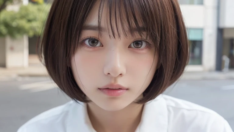 (Bob Cut Hair:1.2),(Wearing school uniform:1.2),1 girl,Japanese,21 years old,(Small breasts:1.3),(Highest quality,masterpiece:1.3,超A high resolution,),(Ultra-detailed,Caustics),(Photorealistic:1.4,RAW shooting,)Ultra-Realistic Capture,Very detailed,High resolution 16K human skin close-up。 Natural skin texture、,Pores、、It needs to be detailed enough to be easily identifiable。 Skin should be even-toned and healthy looking。 Use natural light and colour, Sad expression, Looking at the camera, Perfect dynamic composition, Outdoor