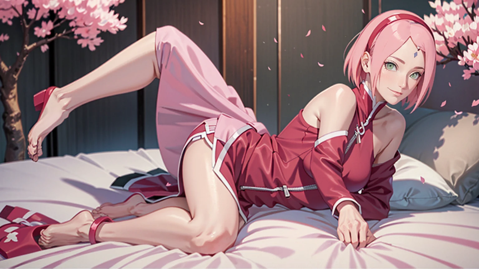 masterpiece， best quality， 1 girl， Sakura Haruno， Small Breasts，Off the shoulder dress，（Full body close-up，Very shy，Smile, slender thighs，Pink hair, dog leash，short hair， （green eyeball:1.4)， forehead protection， Cherry tree，cherry blossoms flying，Red clothes，half zipper, Lying in bed.