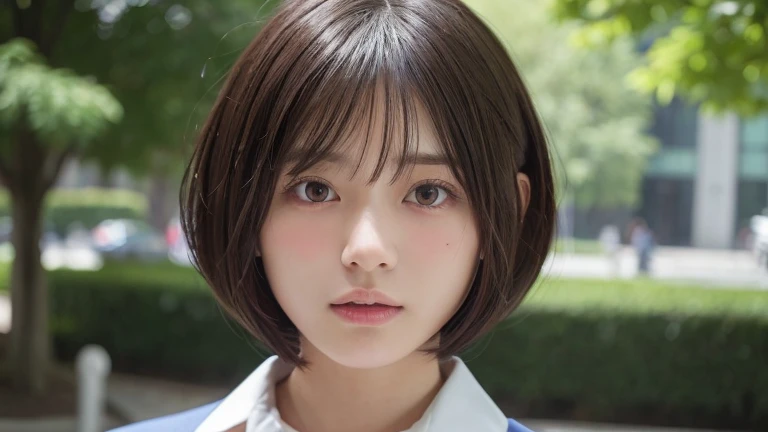 (Bob Cut Hair:1.2),(Wearing school uniform:1.2),1 girl,Japanese,21 years old,(Small breasts:1.3),(Highest quality,masterpiece:1.3,超A high resolution,),(Ultra-detailed,Caustics),(Photorealistic:1.4,RAW shooting,)Ultra-Realistic Capture,Very detailed,High resolution 16K human skin close-up。 Natural skin texture、,Pores、、It needs to be detailed enough to be easily identifiable。 Skin should be even-toned and healthy looking。 Use natural light and colour, Sad expression, Looking at the camera, Perfect dynamic composition, Outdoor