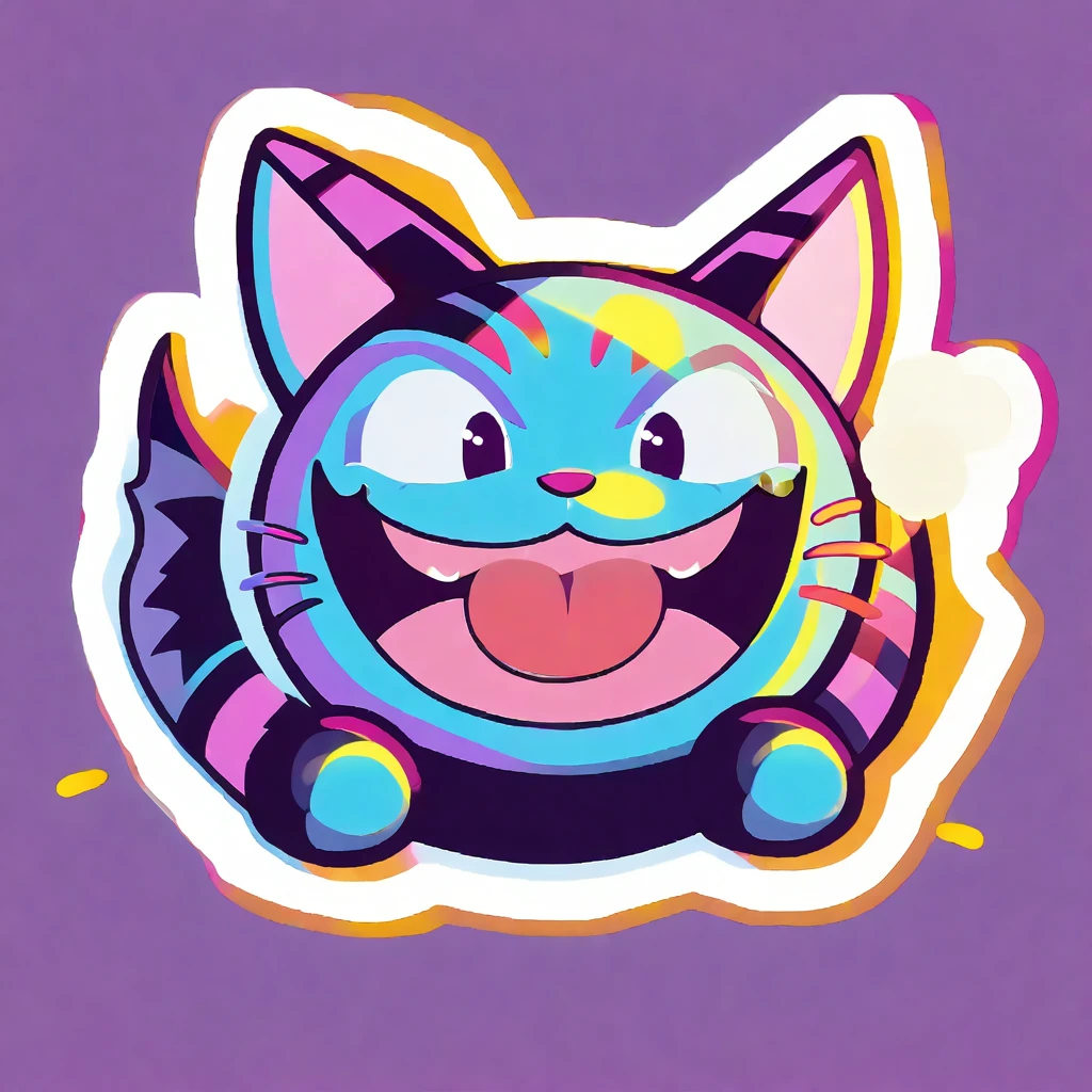 face close up illustration of anthropomorphic fat Cheshire cat for a sticker with white background, in bold outline style, jagged edges,(sticking out tongue:1.5),(),(happy smile:1.5),(playful:1.2), soft lighting, 
