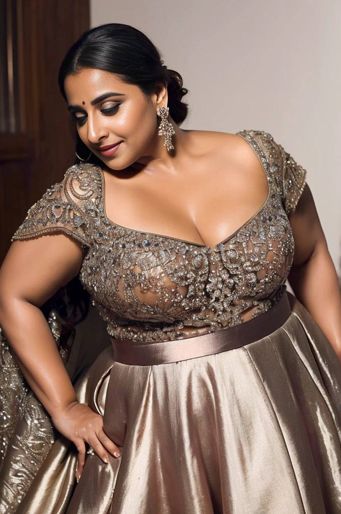 In a steamy NSFW scene, Standing Vidya Balan, a sultry plus size MILF exhibitionist lady with small breasts, wears a liquid satin high-waisted dress featuring bishop short sleeves, a full circle long skirt, and a wide scoop-neck. The Bridgerton-inspired gown exudes elegance and allure, making it perfect for an evening of romance or a glamorous event. Vidya's amorous nature and confident demeanor make this image truly captivating