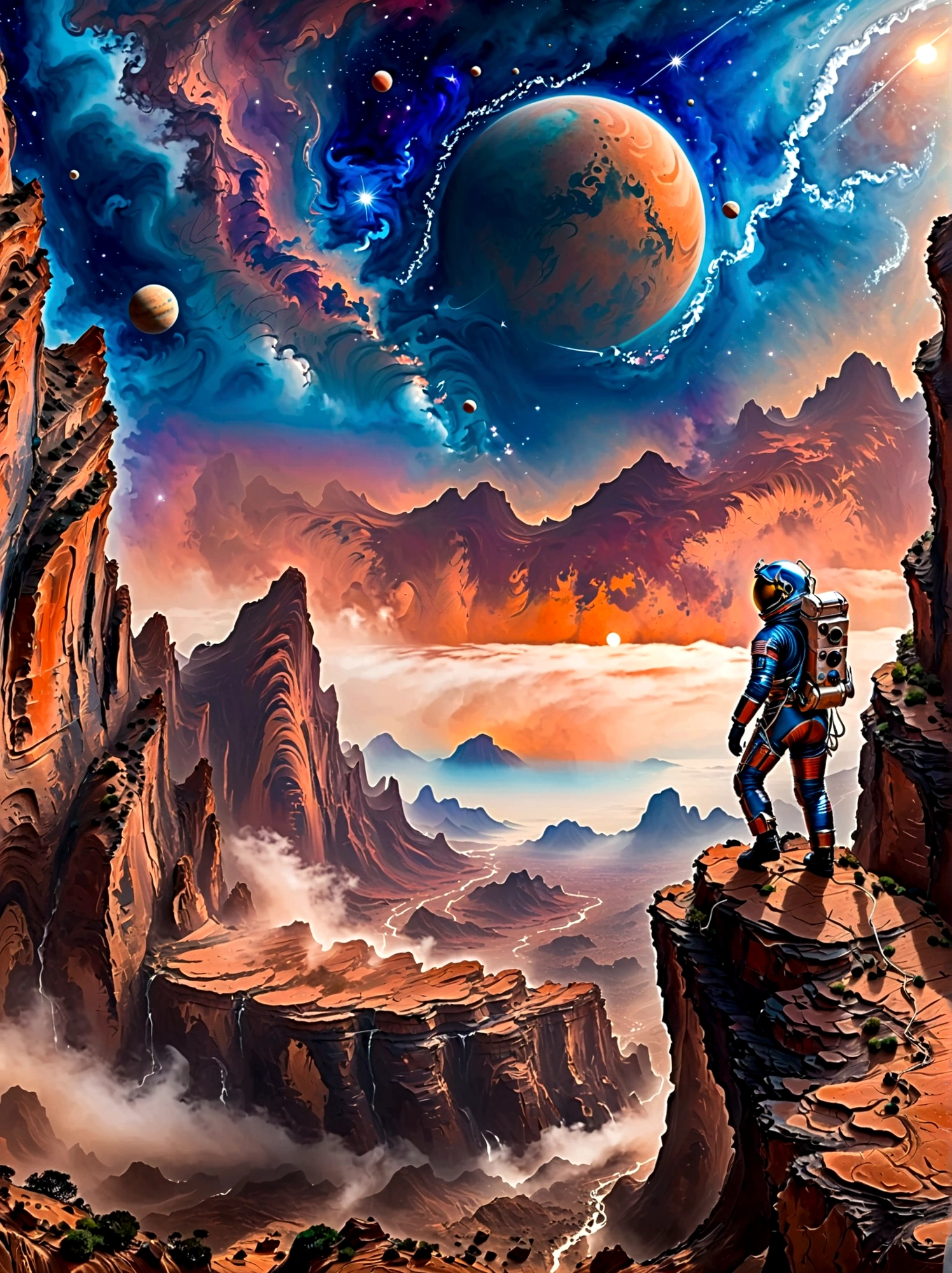 Super Fine，Chinese ink painting style，Chinese Fantasy Landscape，(Distant planetary sky，一个穿着未来尖端技术制成的蓝色Space suit，Martian climbing cliff close-up:1.8)，Ringed planet floating in the sky，illustration，Bright shining stars，Stunning galactic background，Mysterious and peaceful feeling，Magical atmosphere，Happy and peaceful scene，Surreal and ethereal colors，texture landscape，otherworldly environment，Magnificent views，Hazy and mysterious atmosphere，Dramatic light and shadow，Unique rock formations，A thrilling sense of adventure，Amazing natural wonders，Grandeur and sense of scale，Explore endless possibilities，Space suit，(中国高科技Space suit，高细节Space suit，China&#39;s next generation of astronauts:1.5）