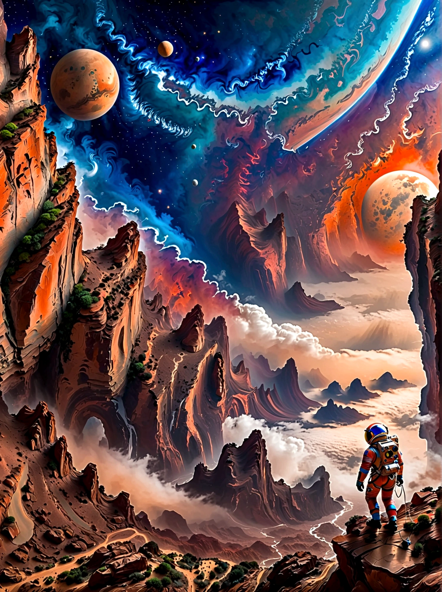 Super Fine，Chinese ink painting style，Chinese Fantasy Landscape，(Distant planetary sky，一个穿着未来尖端技术制成的蓝色Space suit，Martian climbing cliff close-up:1.8)，Ringed planet floating in the sky，illustration，Bright shining stars，Stunning galactic background，Mysterious and peaceful feeling，Magical atmosphere，Happy and peaceful scene，Surreal and ethereal colors，texture landscape，otherworldly environment，Magnificent views，Hazy and mysterious atmosphere，Dramatic light and shadow，Unique rock formations，A thrilling sense of adventure，Amazing natural wonders，Grandeur and sense of scale，Explore endless possibilities，Space suit，(中国高科技Space suit，高细节Space suit，China&#39;s next generation of astronauts:1.5）