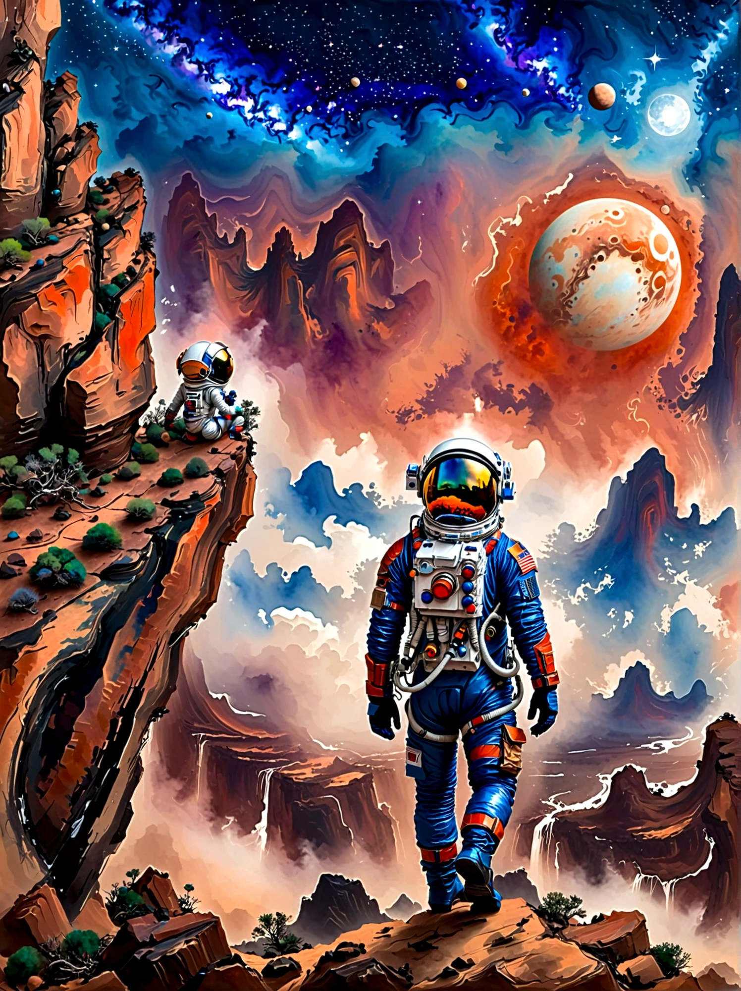 Super Fine，Chinese ink painting style，Chinese Fantasy Landscape，(Distant planetary sky，一个穿着未来尖端技术制成的蓝色Space suit，Martian climbing cliff close-up:1.8)，Ringed planet floating in the sky，illustration，Bright shining stars，Stunning galactic background，Mysterious and peaceful feeling，Magical atmosphere，Happy and peaceful scene，Surreal and ethereal colors，texture landscape，otherworldly environment，Magnificent views，Hazy and mysterious atmosphere，Dramatic light and shadow，Unique rock formations，A thrilling sense of adventure，Amazing natural wonders，Grandeur and sense of scale，Explore endless possibilities，Space suit，(中国高科技Space suit，高细节Space suit，China&#39;s next generation of astronauts:1.5）