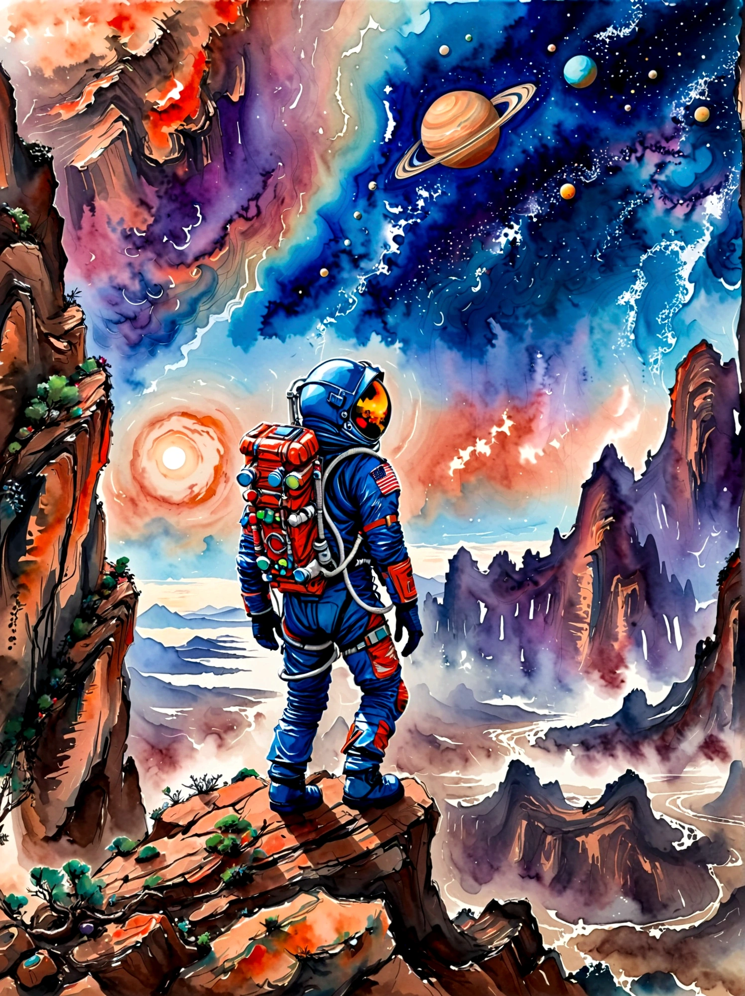 Super Fine，Chinese ink painting style，Chinese Fantasy Landscape，(Distant planetary sky，一个穿着未来尖端技术制成的蓝色Space suit，Martian climbing cliff close-up:1.8)，Ringed planet floating in the sky，illustration，Bright shining stars，Stunning galactic background，Mysterious and peaceful feeling，Magical atmosphere，Happy and peaceful scene，Surreal and ethereal colors，texture landscape，otherworldly environment，Magnificent views，Hazy and mysterious atmosphere，Dramatic light and shadow，Unique rock formations，A thrilling sense of adventure，Amazing natural wonders，Grandeur and sense of scale，Explore endless possibilities，Space suit，(中国高科技Space suit，高细节Space suit，China&#39;s next generation of astronauts:1.5）