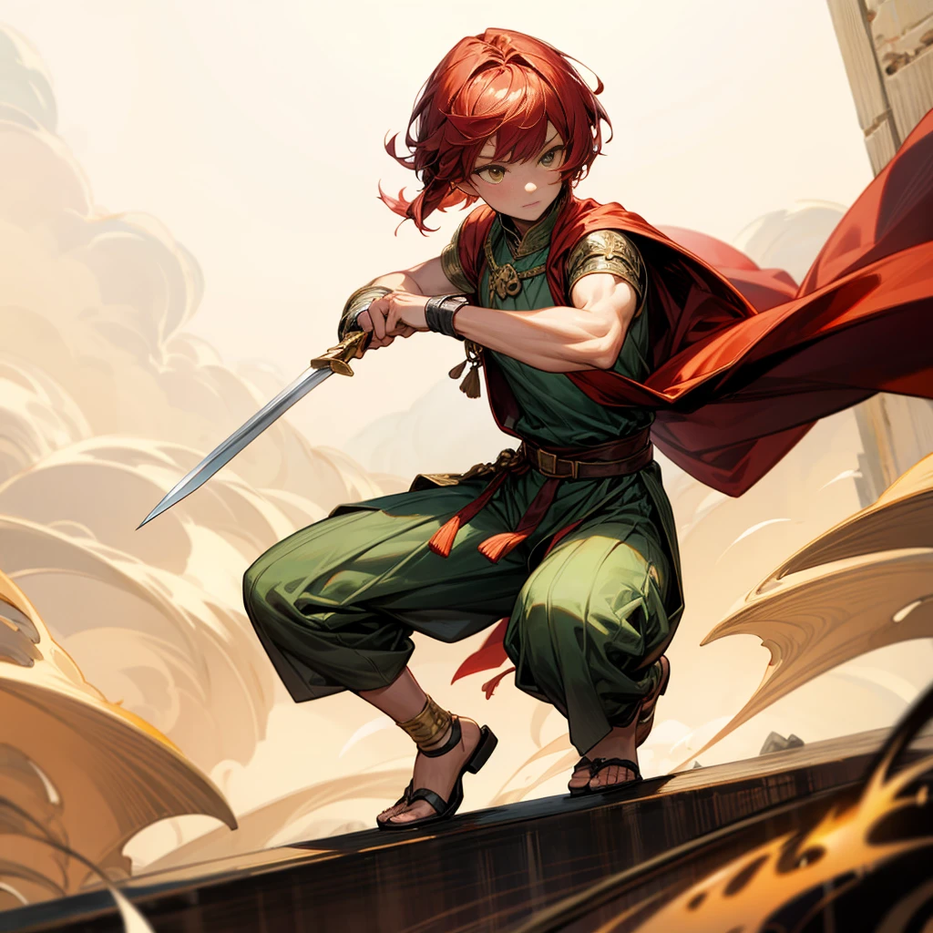 1boy, Full body version, 1character, muscle hand, muscle body, gold eyes, deep skin, bowl cut hairstyle, monolid eyes type, maroon colour hair, Renaissance clothing, lime color clothing, Ancient Roman sandals, two dagger knife silver in two hand, silver armor knight, Grassroots background in green fields, full background, in the afternoon, the silhouette of the afternoon sun, fire, fire, smoke, dagger knife emits light