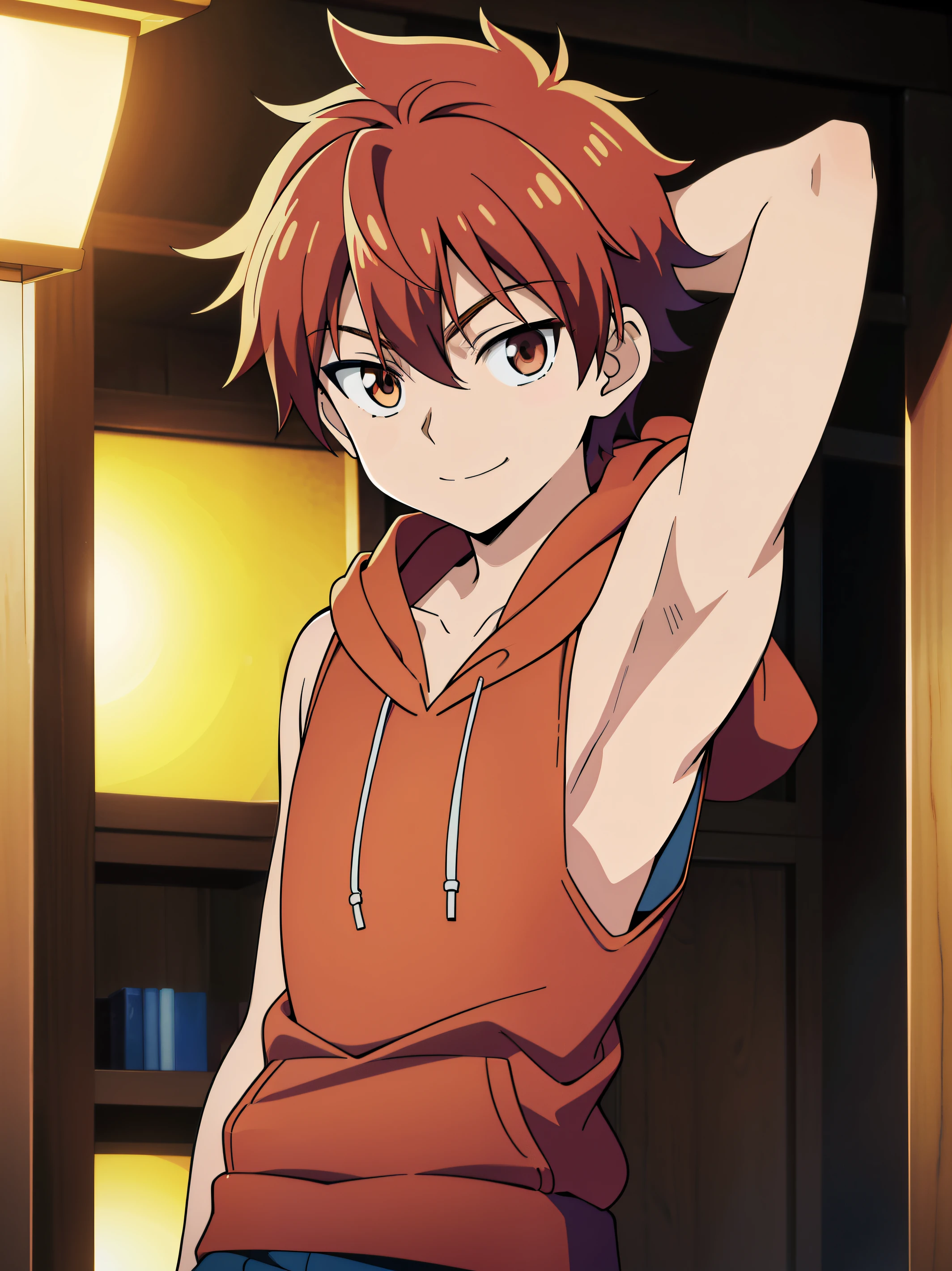Highres, Masterpiece, Best quality at best,Best Quality,hight quality, hight detailed, Anime style, 1boy, Shota, young boy, Solo person, red hair, smile, Stright hair, (Sleeveless hoodie), Bare shoulder, Seen from the front, look at viewer, upper body, (very young boy), (very small and short body), (Showing armpit:1.3), Such a cute smooth armpit, The armpits of a boy, Adorable little armpits, Give me a proportional picture of a 12 year oldits, 12-year-old boys, uhd,lureckgrd, bokeh