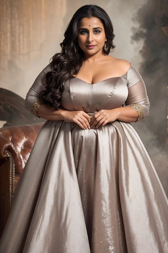 In a steamy NSFW scene, Standing Vidya Balan, full body a sultry plus size MILF exhibitionist lady with small breasts, wears a liquid satin high-waisted dress featuring bishop short sleeves, a full circle long skirt, and a wide scoop-neck. The Bridgerton-inspired gown exudes elegance and allure, making it perfect for an evening of romance or a glamorous event. Vidya's amorous nature and confident demeanor make this image truly captivating