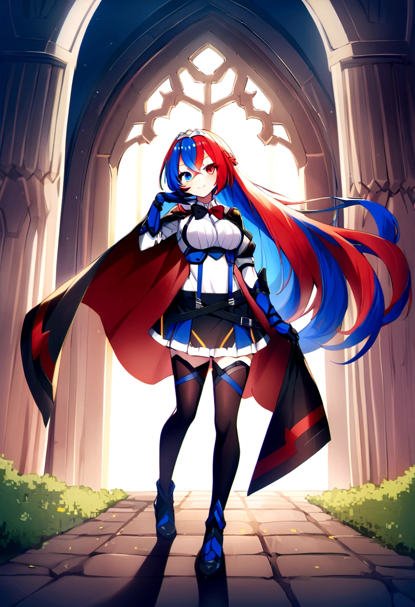 score_9, score_8_up, score_8_up, source_anime BREAK 1girl, solo, aleardef, heterochromia, blue eyes, red eyes, multicolored hair, red hair, blue hair, very long hair, braid, crossed bangs, very long hair, tiara, bowtie, armor, suspenders, blue skirt, thighhighs, gloves, thighhighs, cape, large breasts, smile, outdoors, fantasy, looking at viewer, full body, zettai ryouiki