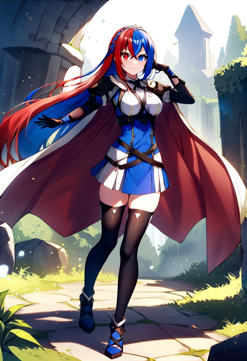 score_9, score_8_up, score_8_up, source_anime BREAK 1girl, solo, aleardef, heterochromia, blue eyes, red eyes, multicolored hair, red hair, blue hair, very long hair, braid, crossed bangs, very long hair, tiara, bowtie, armor, suspenders, blue skirt, thighhighs, gloves, thighhighs, cape, large breasts, smile, outdoors, fantasy, looking at viewer, full body, zettai ryouiki