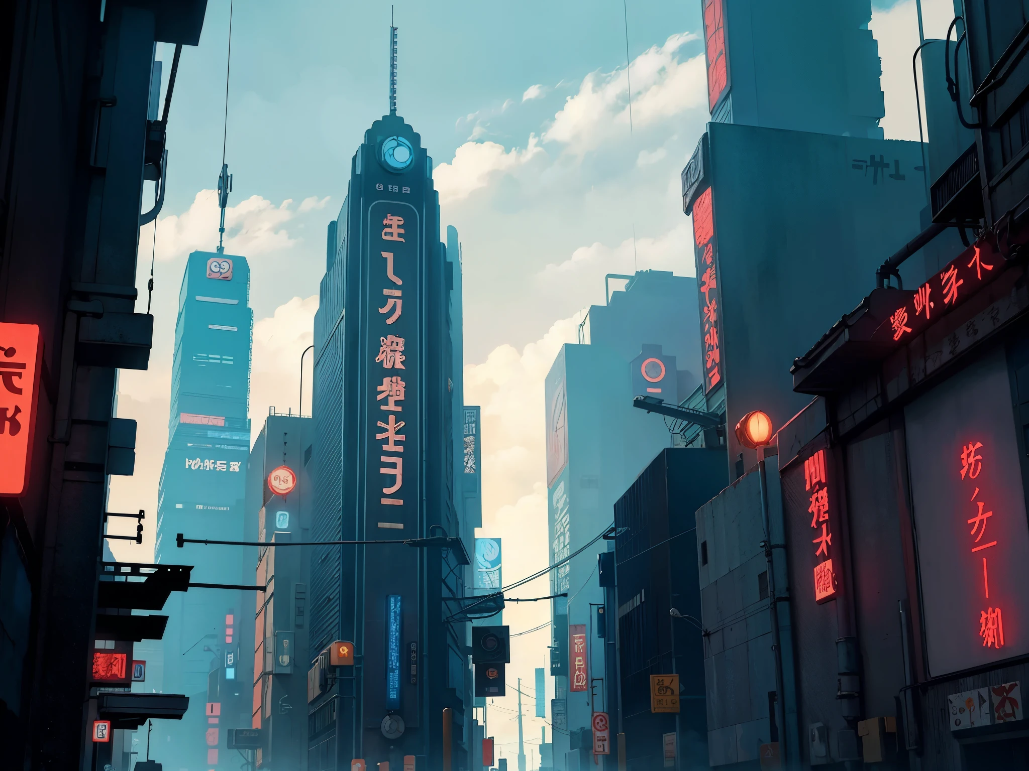 from studio ghibli movie, cyberpunk city street, street view, clouds on blue sky, designed by Hayao Miyazaki, retro anime