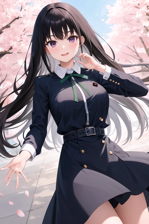 masterpiece, Highest quality, High resolution, will be attacked, Long Hair, Black Hair, chest, Neck ribbon, Collared shirt, Licorice Uniform, Two-tone dress, Blue clothes, Grey Dress, Long sleeve, belt, Reaching out, cherry blossoms, Outdoor, petal, Are standing, Cowboy Shot, smile, Open your mouth,Big Breasts