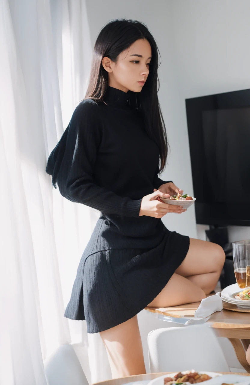 A woman eating at a table 