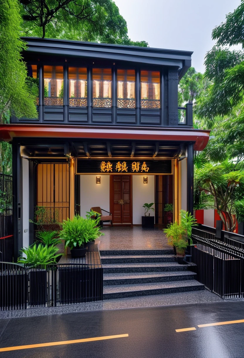 Architecture Indochine style, Exterior, Facade, Spa, Roofing, gate, traditional, decorative molding on the wall, Large glass on the facade
Main entrance with lighted stairs, The main entrance is planted with many trees
Raw Photo, Masterpiece, High quality, Best quality, Authentic photo, Super detail, Daylight, Street after the rain, Black cars pass by on the road, Realistic.